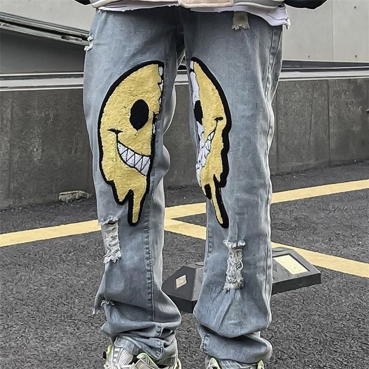 Y2K Smiley Patch Distressed Denim Jeans