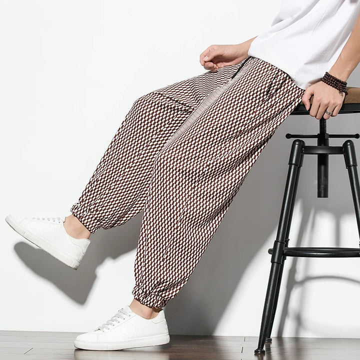 Summer Ice Silk Pants Korean Style Plaid Casual Pants Mens Fashion Trousers Male Oversize Harem Pants Clothes Streetwear