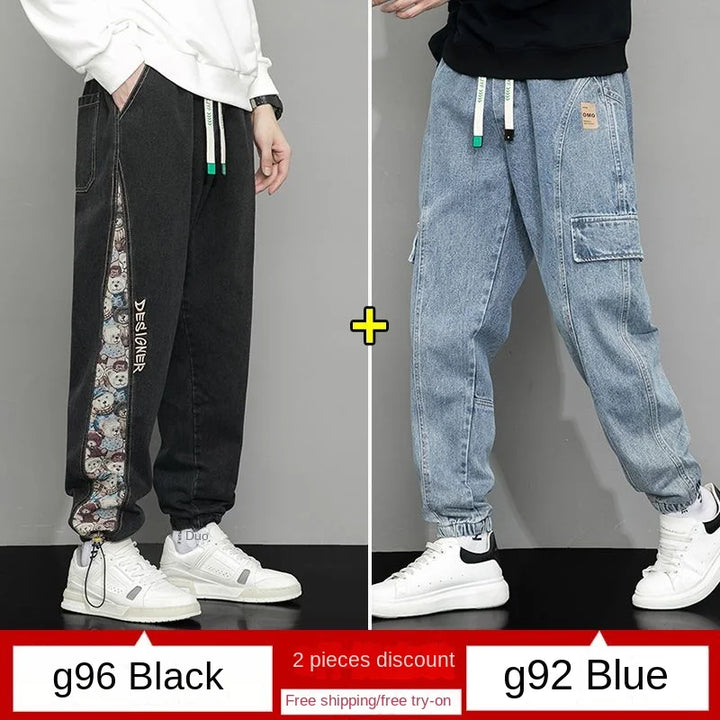 Fashion Bear Patchwork Jeans Men's High Street Embroidery Hip Hop Streetwear Baggy Denim Joggers Wide Leg Pants Casual Trousers