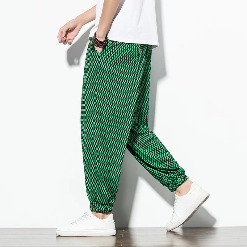 Summer Ice Silk Pants Korean Style Plaid Casual Pants Mens Fashion Trousers Male Oversize Harem Pants Clothes Streetwear