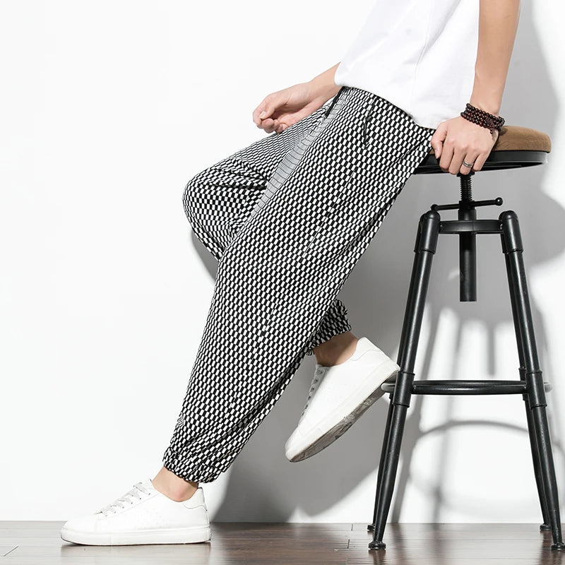 Summer Ice Silk Pants Korean Style Plaid Casual Pants Mens Fashion Trousers Male Oversize Harem Pants Clothes Streetwear