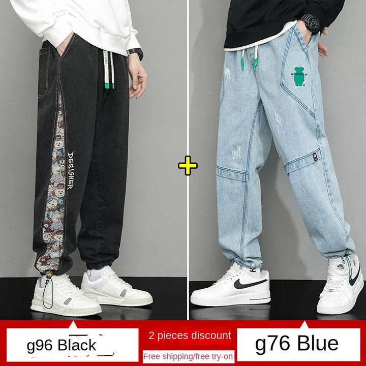 Fashion Bear Patchwork Jeans Men's High Street Embroidery Hip Hop Streetwear Baggy Denim Joggers Wide Leg Pants Casual Trousers