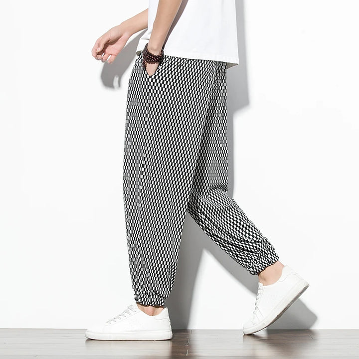 Summer Ice Silk Pants Korean Style Plaid Casual Pants Mens Fashion Trousers Male Oversize Harem Pants Clothes Streetwear