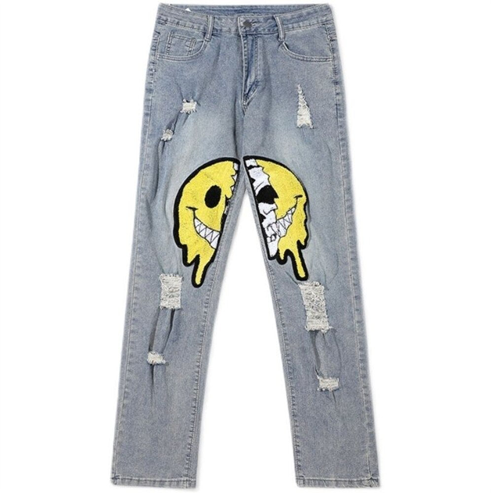 Y2K Smiley Patch Distressed Denim Jeans