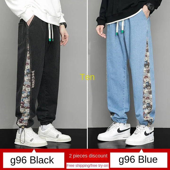 Fashion Bear Patchwork Jeans Men's High Street Embroidery Hip Hop Streetwear Baggy Denim Joggers Wide Leg Pants Casual Trousers