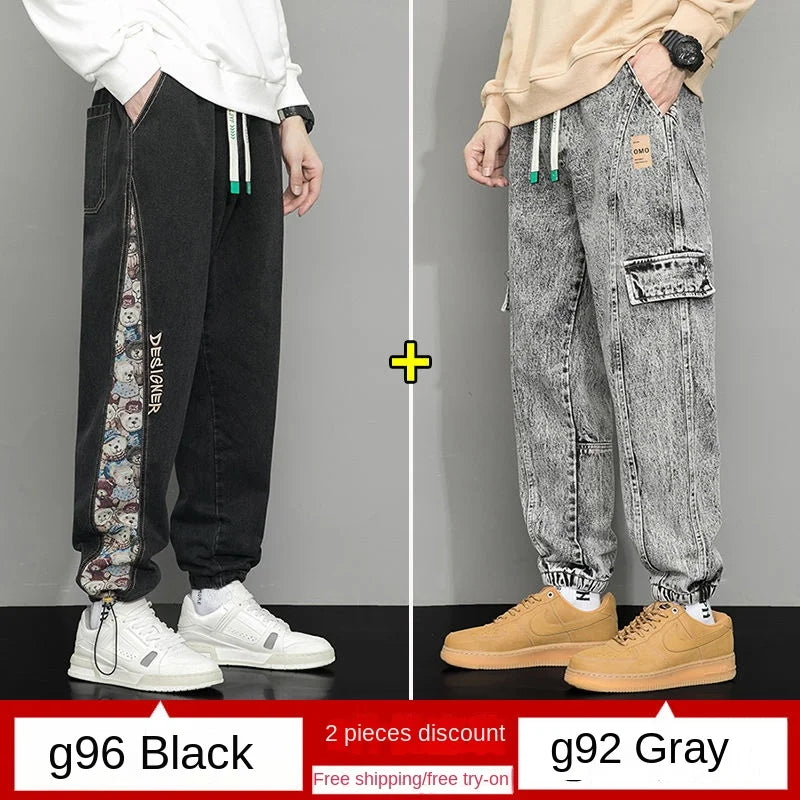 Fashion Bear Patchwork Jeans Men's High Street Embroidery Hip Hop Streetwear Baggy Denim Joggers Wide Leg Pants Casual Trousers