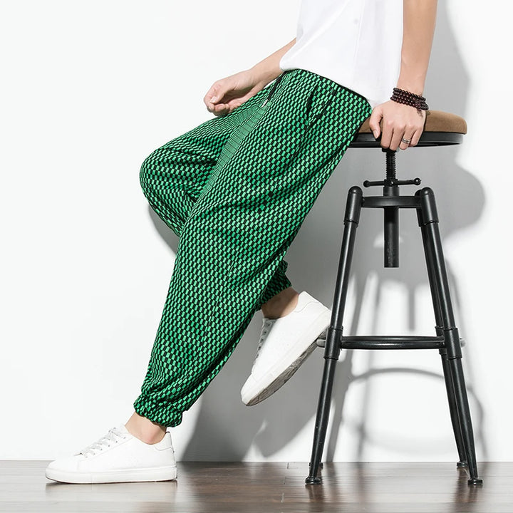 Summer Ice Silk Pants Korean Style Plaid Casual Pants Mens Fashion Trousers Male Oversize Harem Pants Clothes Streetwear