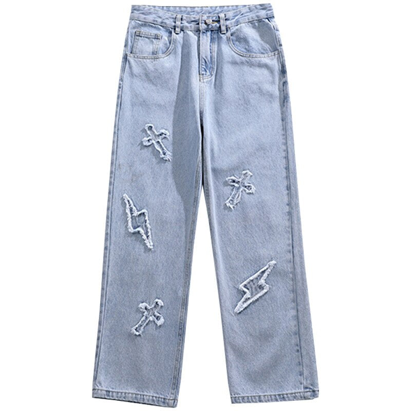 Men's Loose Fit Y2K Jeans with Cross Patch Detail