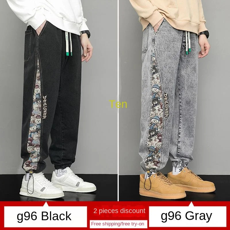 Fashion Bear Patchwork Jeans Men's High Street Embroidery Hip Hop Streetwear Baggy Denim Joggers Wide Leg Pants Casual Trousers