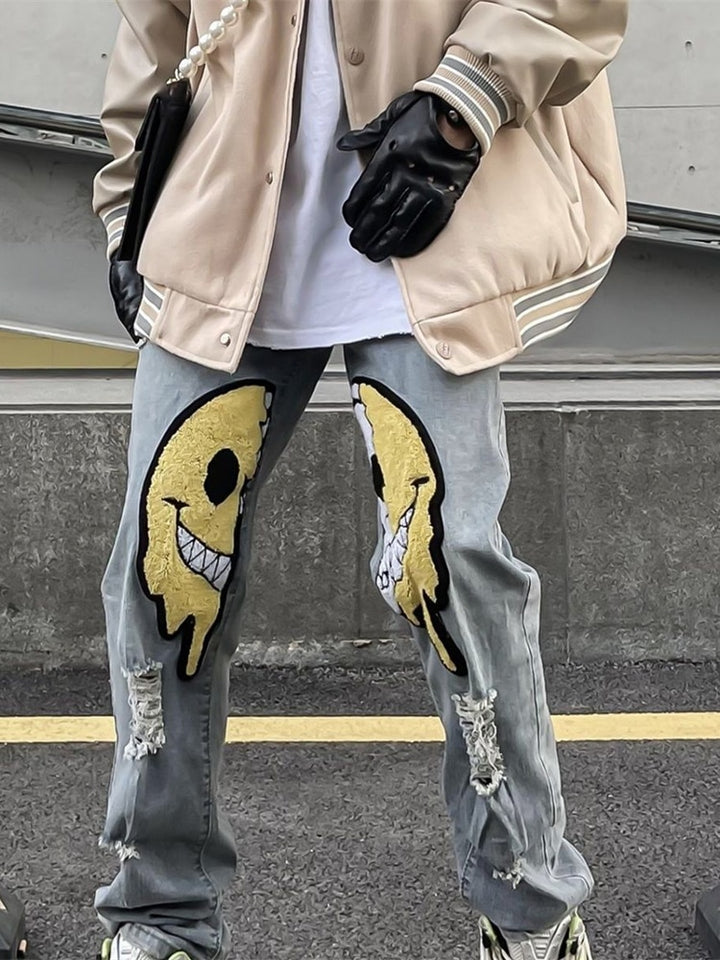 Y2K Smiley Patch Distressed Denim Jeans